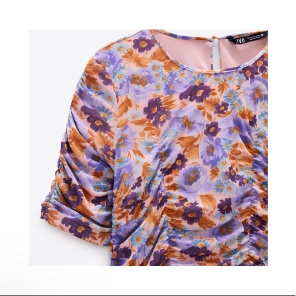 Zara Purple Print Ruched Mini Dress - Picture 3 of 17